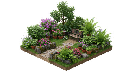 Fototapeta premium Lush garden scene featuring vibrant flowers greenery stone path and wooden bench isolated on white background