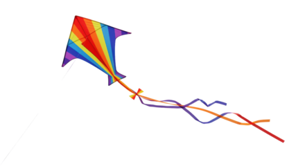 Colorful rainbow kite soaring in clear blue sky isolated on white background