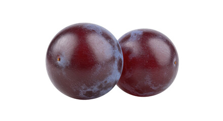 Fototapeta premium Two ripe plums resting together showcasing their rich purple skin and natural sheen isolated on white background