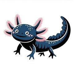Fototapeta premium Cartoon Axolotl Illustration in Blue and Black with Pink Gills and a Playful Expression on a White Background