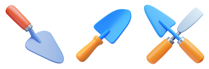Three Trowels in Blue And Orange Hues with Transparent Background Used For Gardening Or Construction Projects