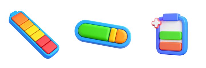 Colorful 3D Rendered Battery Icons On Transparent Background Representing Charging Status and Energy Levels