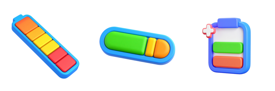 Colorful 3D Rendered Battery Icons On Transparent Background Representing Charging Status and Energy Levels