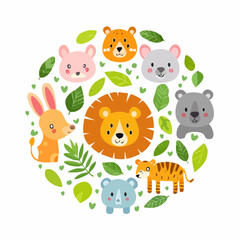 Obraz premium Cartoon Animal Faces with Green Leaves - Circle Design