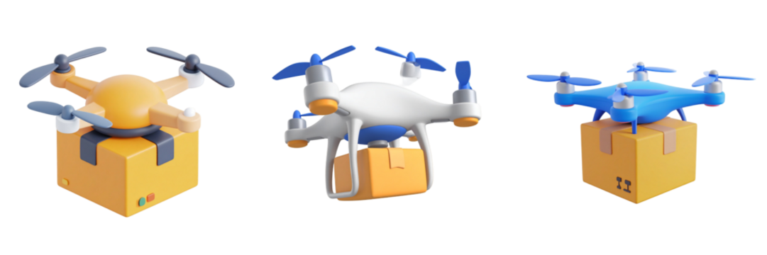 Three Modern Drones Delivering Packages on a Transparent Background