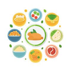Colorful Food Icons in Circular Arrangement, Illustration Style