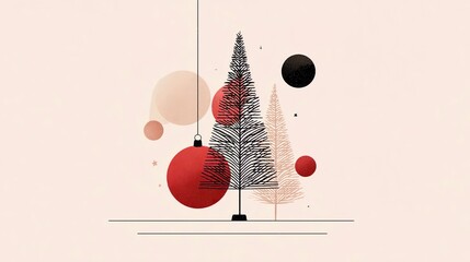 Minimalist Christmas Tree with Geometric Ornaments on Beige Background