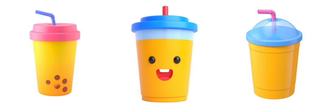 Colorful Digital Render Of Three Beverages In Transparent Background Featuring Yellow And Blue Cups With Pink And Blue Lids And Drinking Straws