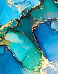 Abstract painting with flowing blues, greens, and gold