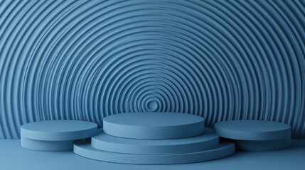 Obraz premium Three blue cylindrical podiums on concentric circles backdrop.
