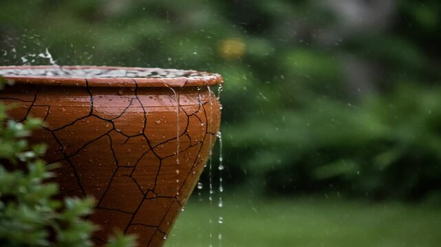 Rainwater drips from a cracked terracotta pot surrounded by lush greenery in a serene garden