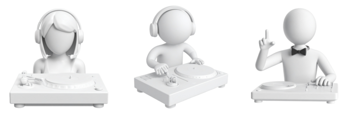 Three White Figures Performing DJing On Transparent Background