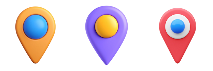 Three Colorful Pin Location Icons With Central Sphere Design Representing Navigation On Transparent Background