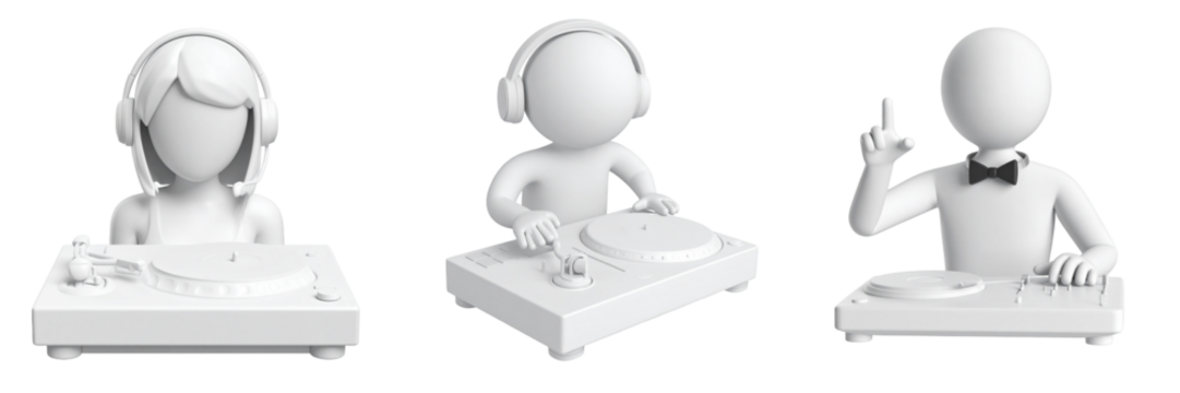 Three White Figures Performing DJing On Transparent Background - Powered by Adobe