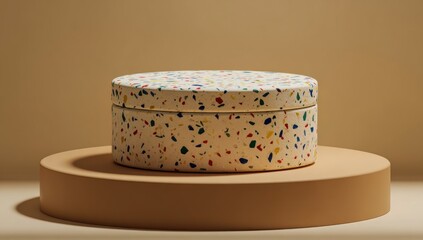 Round terrazzo-patterned container displayed on a beige podium.
