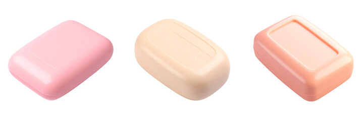 Obraz premium Three Colorful Soap Bars Isolated On A Transparent Background Featuring Pink Peach And Orange Hues