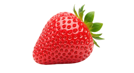 Freshly picked strawberry showcasing vibrant red color with green leaves isolated on white background