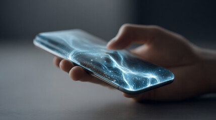 Close-up of a sleek smartphone displaying a vibrant and dynamic holographic interface on its screen.