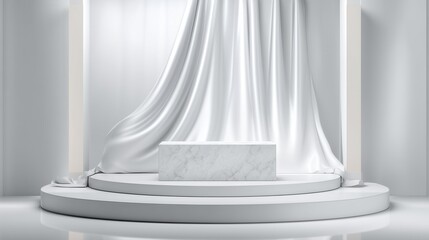 3D white podium with shimmering pearl surface A minimalist stage with a draped white fabric and a marble pedestal, creating an elegant presentation space.