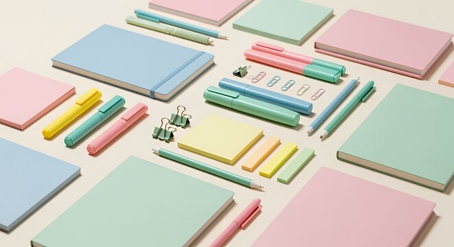 Pastel Stationery Flatlay: Notebooks, Pens, and Paper - Powered by Adobe