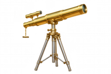Golden telescope mounted on sturdy tripod, positioned for stargazing, against clean transparent backdrop