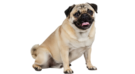 Playful pug sitting joyful expression isolated on white background adorable domestic pet animal