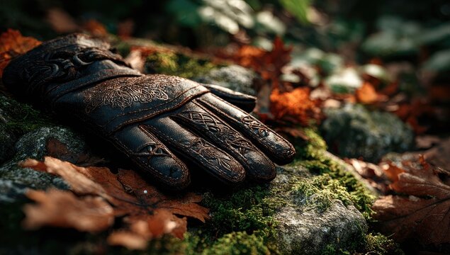 Dark brown leather glove rests on autumnal forest floor