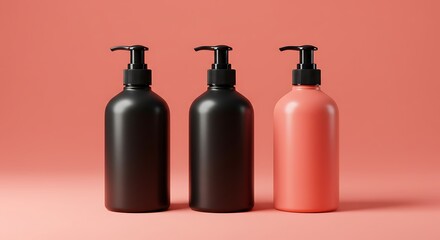 Elegant Dispenser Bottles in Black and Coral for Beauty and Hygiene Products Presentation Mockup