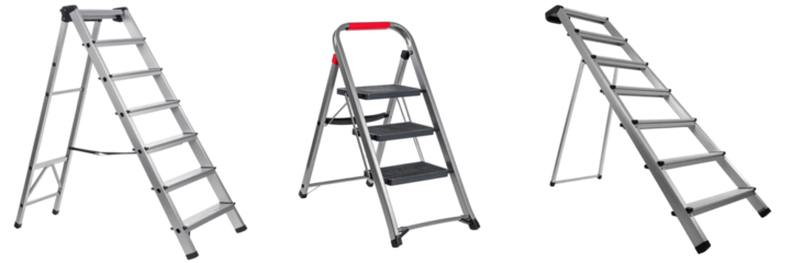 Variety Of Metal Step Ladders Isolated On Transparent Background Displaying Different Angles And Designs For Construction Or Household Applications