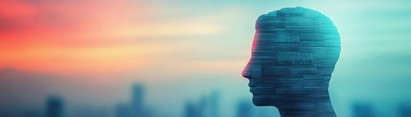 Vibrant futuristic digital composite of a human profile made of layered neon blue digital lines against a colorful sunset sky with city silhouette in the background
