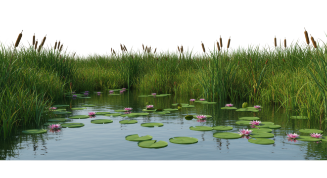 Serene pond isolated on white background with lily pads and blooming flowers surrounded by lush greenery