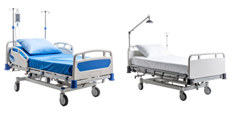 Two Hospital Beds Displayed Against Transparent Background with Blue and White Color Schemes