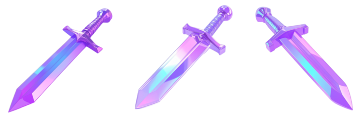Pixel Art Swords Floating Against A Transparent Background Displaying Purple And Blue Gradient