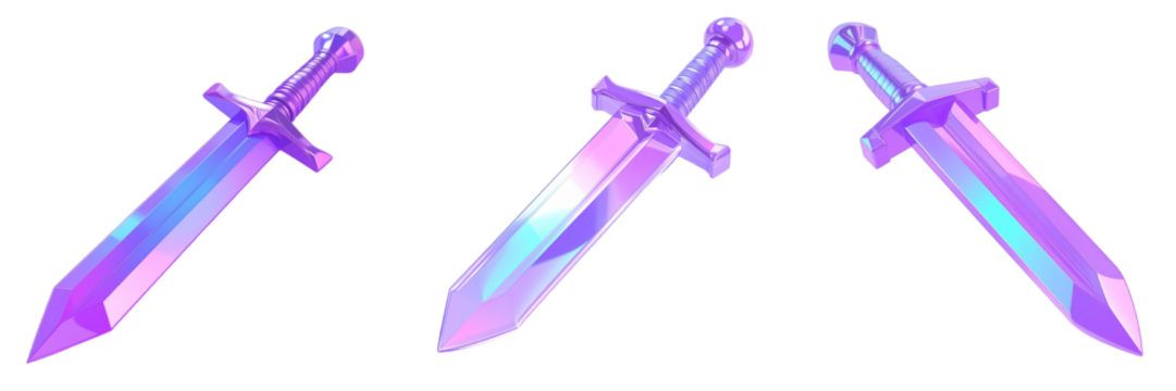 Pixel Art Swords Floating Against A Transparent Background Displaying Purple And Blue Gradient