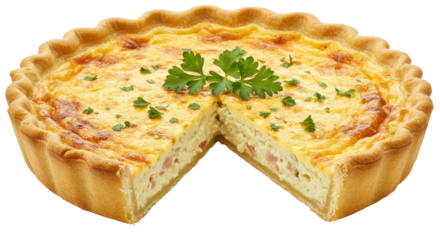 Delicious golden brown quiche with herbs sliced and ready to serve at a cozy kitchen table isolated on white background