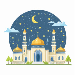 Illustration of a Mosque at Night with Moon and Stars