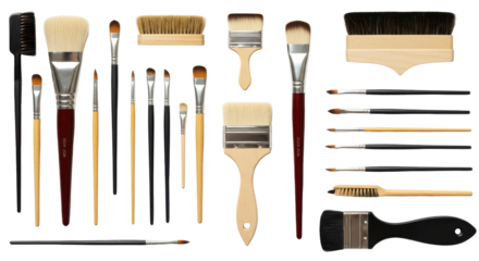 A collection of various paintbrushes arranged neatly isolated on white background ideal for artists