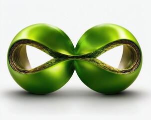 Two linked, glossy green spheres form an infinity symbol.  Inner surfaces have a textured, rough, dark green design