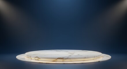 Obraz premium Elegant marble stage – Circular stage with polished white marble texture and subtle golden veins, luxury spotlight, soft gradient background.