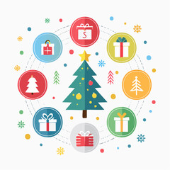 Festive Christmas Tree & Gift Circle - Flat Vector Graphic