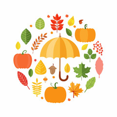 Autumnal Circle: Umbrella, Leaves, Pumpkins - Flat Vector