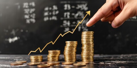 A hand pointing upwards with a golden arrow on a blackboard with mathematical equations.