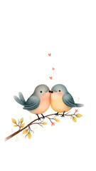 A pair of fluffy, cartoon-style lovebirds with rosy cheeks, perched affectionately on a branch.