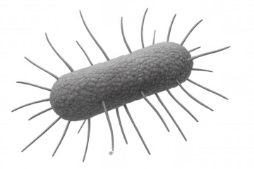 Microscopic gray bacteria with pili revealing complex cellular structures, magnified against transparent backdrop