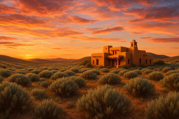 AI-Generated spectacular southwestern adobe villa landscape background surrounded by sage brush desert under dramatic orange sunset sky for luxury vacation rental and architectural photography.