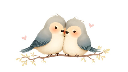A pair of fluffy, cartoon-style lovebirds with rosy cheeks, perched affectionately on a branch.