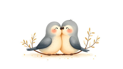 A pair of fluffy, cartoon-style lovebirds with rosy cheeks, perched affectionately on a branch.