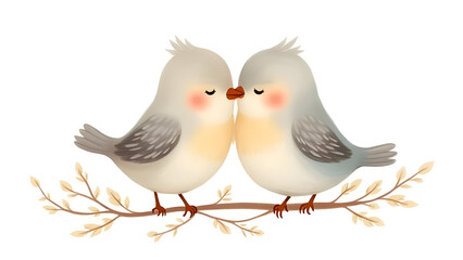 A pair of fluffy, cartoon-style lovebirds with rosy cheeks, perched affectionately on a branch.