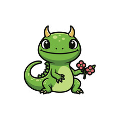 Obraz premium A Basilisk Lizard cute icon sticker design, chibi cartoon style, 2D flat vector icon illustration of an adorable little. Kawaii style, character art, isolated on white background,