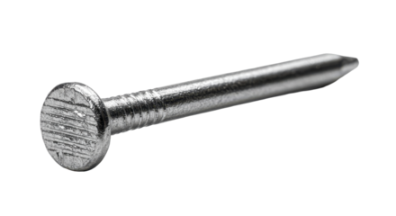 Close up of a metallic nail isolated on white background showcasing structure and details